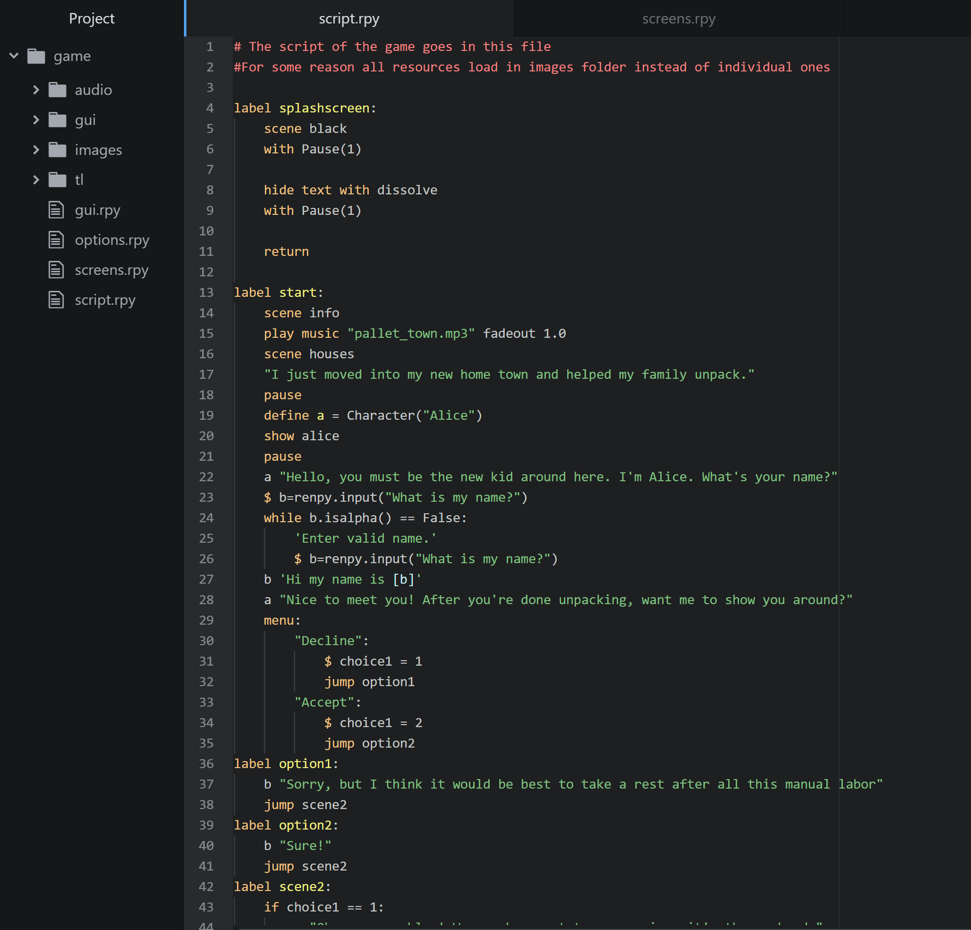 Screenshot of code for Renpy game in Atom