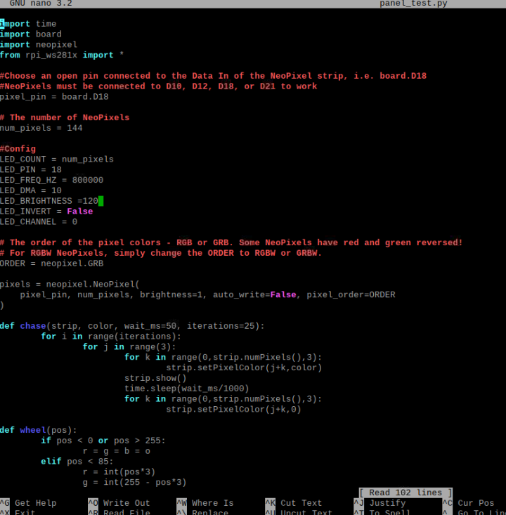 Screenshot of Raspberry Pi Nano editor and LED code